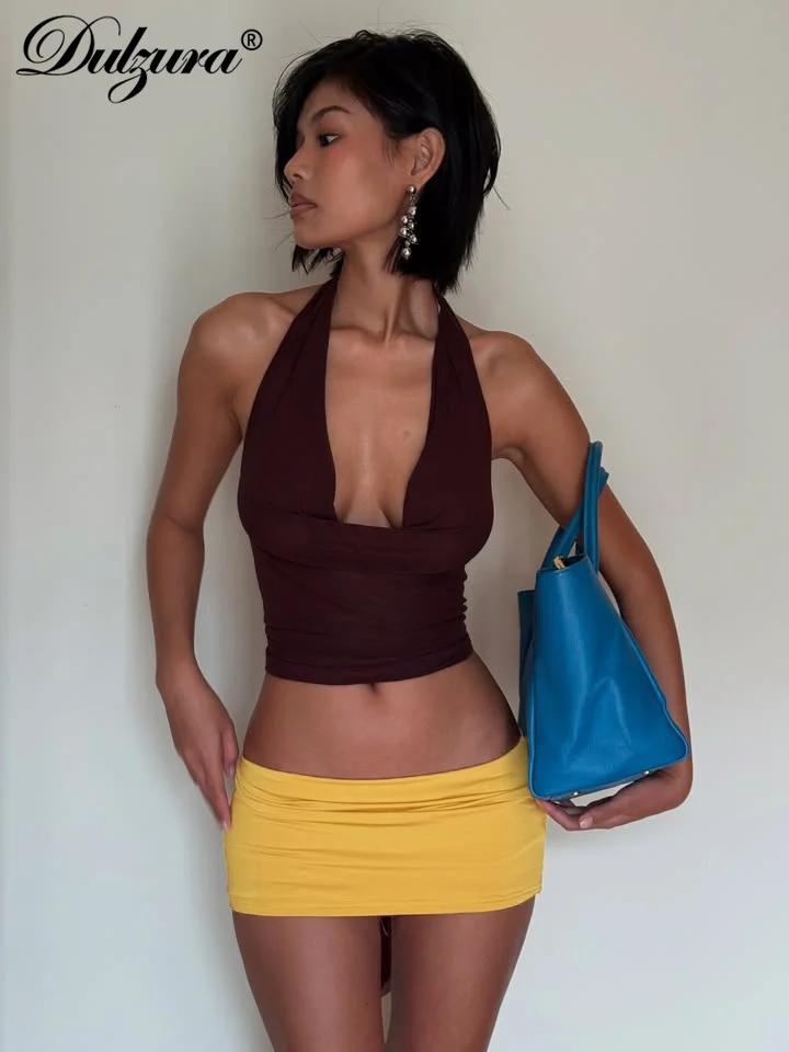 Dulzura, moda de verano, conjunto de falda Sexy elegante de 2 piezas con cuello oscilante, chaleco con cordones y espalda descubierta, Falda corta, conjunto a juego para fiesta y Club
