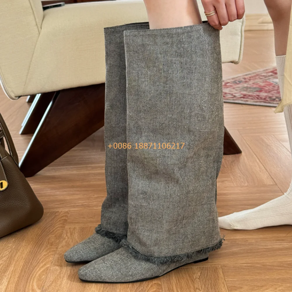 Denim Fashion Women's Trouser Boots Autumn New Square Toe Black/gray Sewing Tassel Knee Boots 5.5Cm Party Casual Fashion Boots