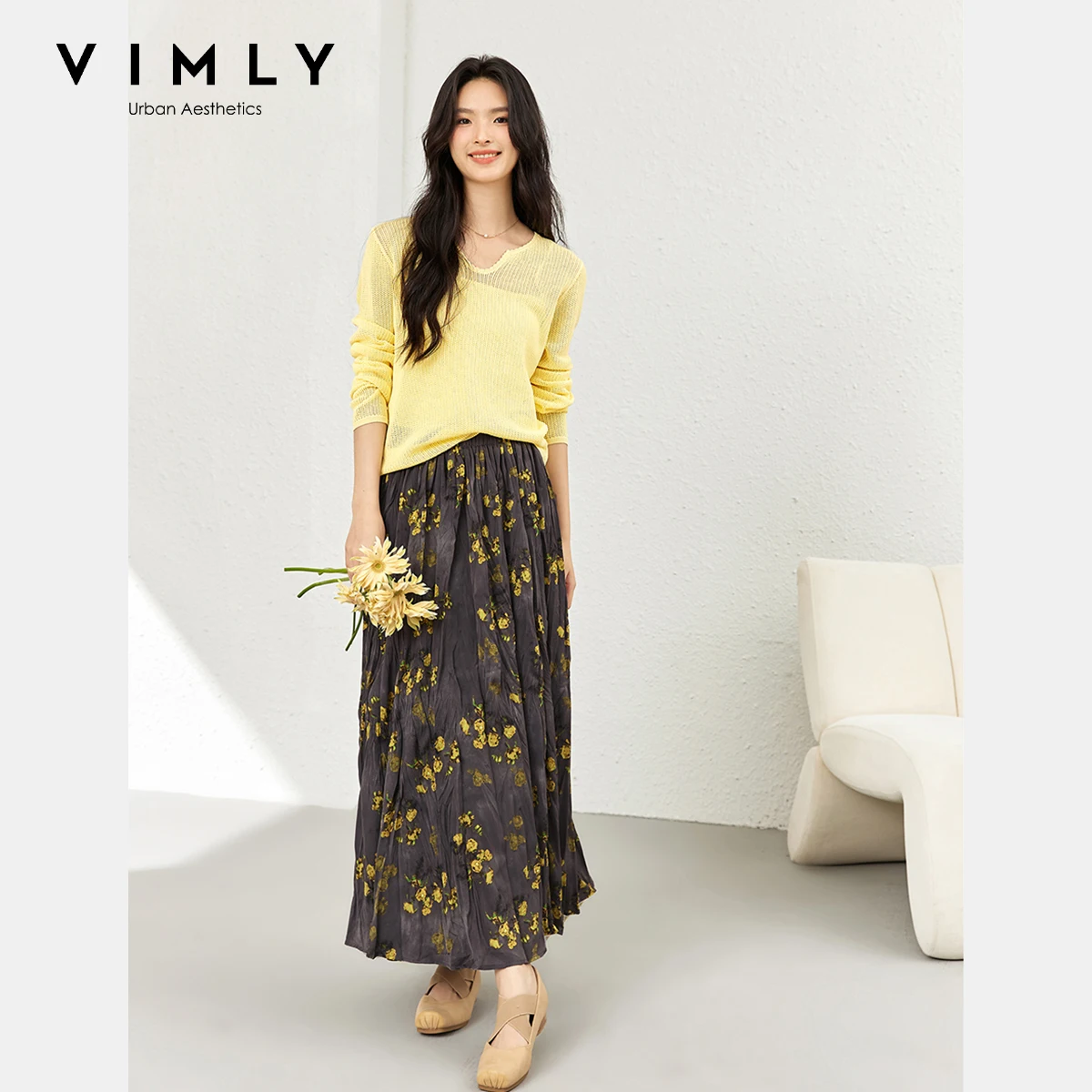 

VIMLY Vacation Outfits Woman Suit 2025 Autumn Yellow Long Sleeve Hollow Out Top Folds Floral Printing Skirts Two Piece Set A2006