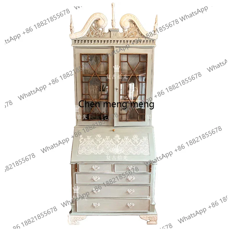 French retro solid wood upper and lower combination bookcase European pastoral glass door bookshelf porch hand-painted locker