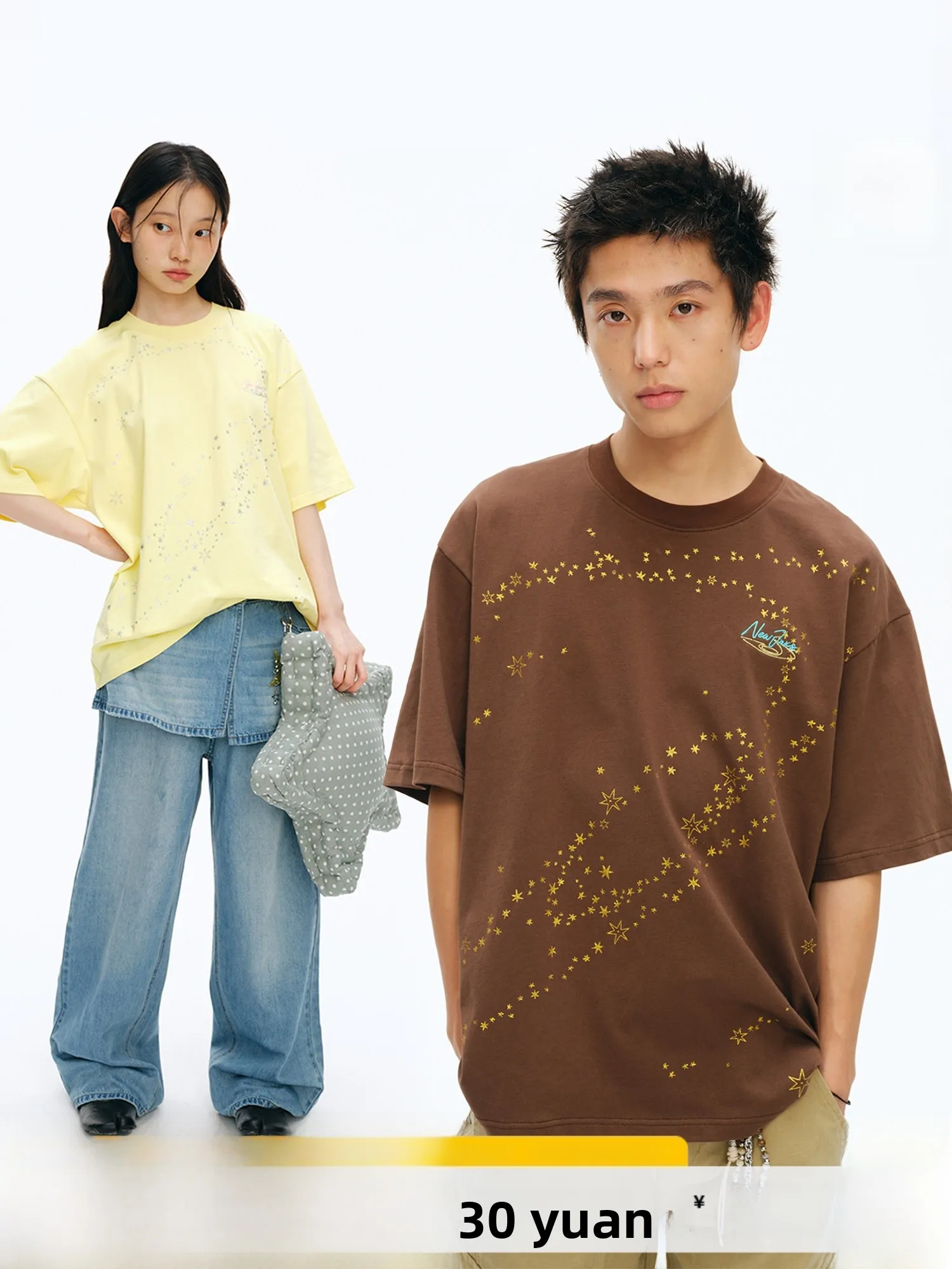 

Loose Fit Short Sleeve T-Shirt Embroidered Print Unisex Summer Comfortable Cotton round Neck Top for Youth Male Female