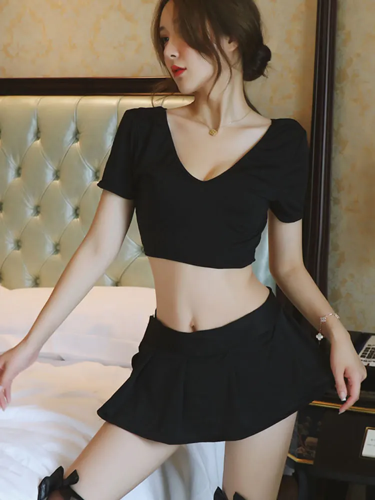 Sexy Two Piece Sets Womens Outfits Mini Skirt Sets With Short Crop Tops Cosplay Secretary Exotic Allure High Street Woman\'s Tops