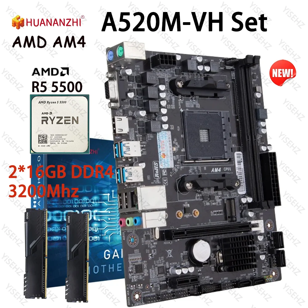 HUANANZHI A520M Motherboard Set With Ryzen R5 5500 2*16GB 3200Mhz Dual Channel DDR4 RAM Support M.2 NVME AMD AM4 Motherboard