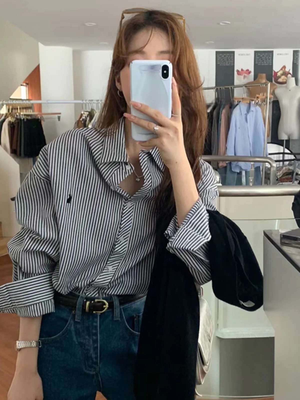 

Bla Stripe irt Women's New 2025 Spring Autumn High-End Design Sense Inner Wear Layering Personali Top Korean Sle Commute
