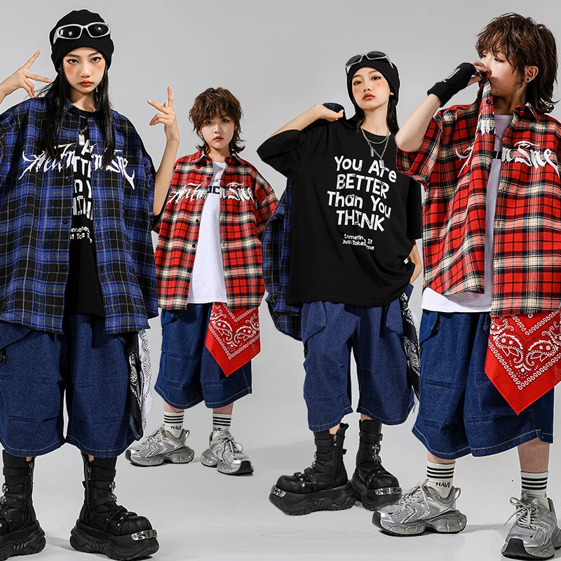 Jungen Hip Hop Lose Kariertes Hemd Cargo-Shorts Mädchen K-pop Street Dance Kleidung Kinder Streetwear Kinder Jazz Sommer Kleidung set