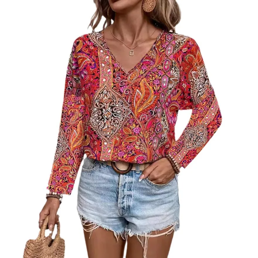 2024 Europe and America New Hot Selling Women\'s Clothing Boho Blouse Paisley Printed V-neck Long Sleeved Shirt Women