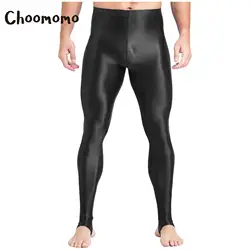 Mens Shiny Glossy High Waist Stirrup Leggings Stretchy Gym Workout Yoga Pants Tummy Control Compression Running Sports Tights