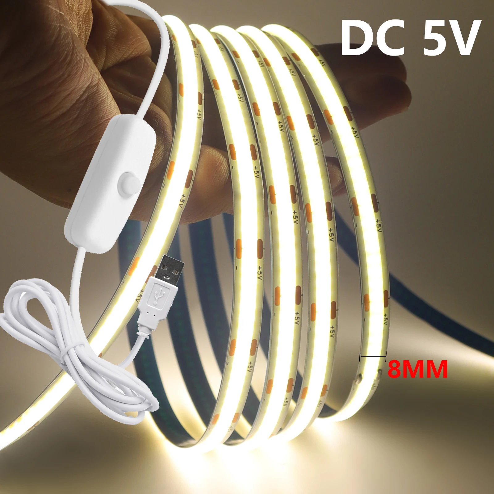 0.5m/1m/2m/3m/5m COB LED Strip with 1.5M ON/OFF Switch 5V USB LED Light Strip 320LEDs/m Flexible Ribbon Adhesive Tape for Room