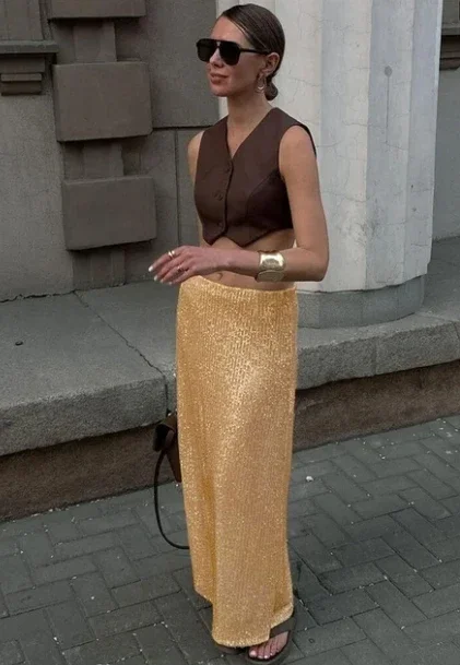 High Waist Sequin For Women Long Skirt Slim Split Fashion Elegant High Street Glitter Maxi Skirt Casual Female Long Skirt