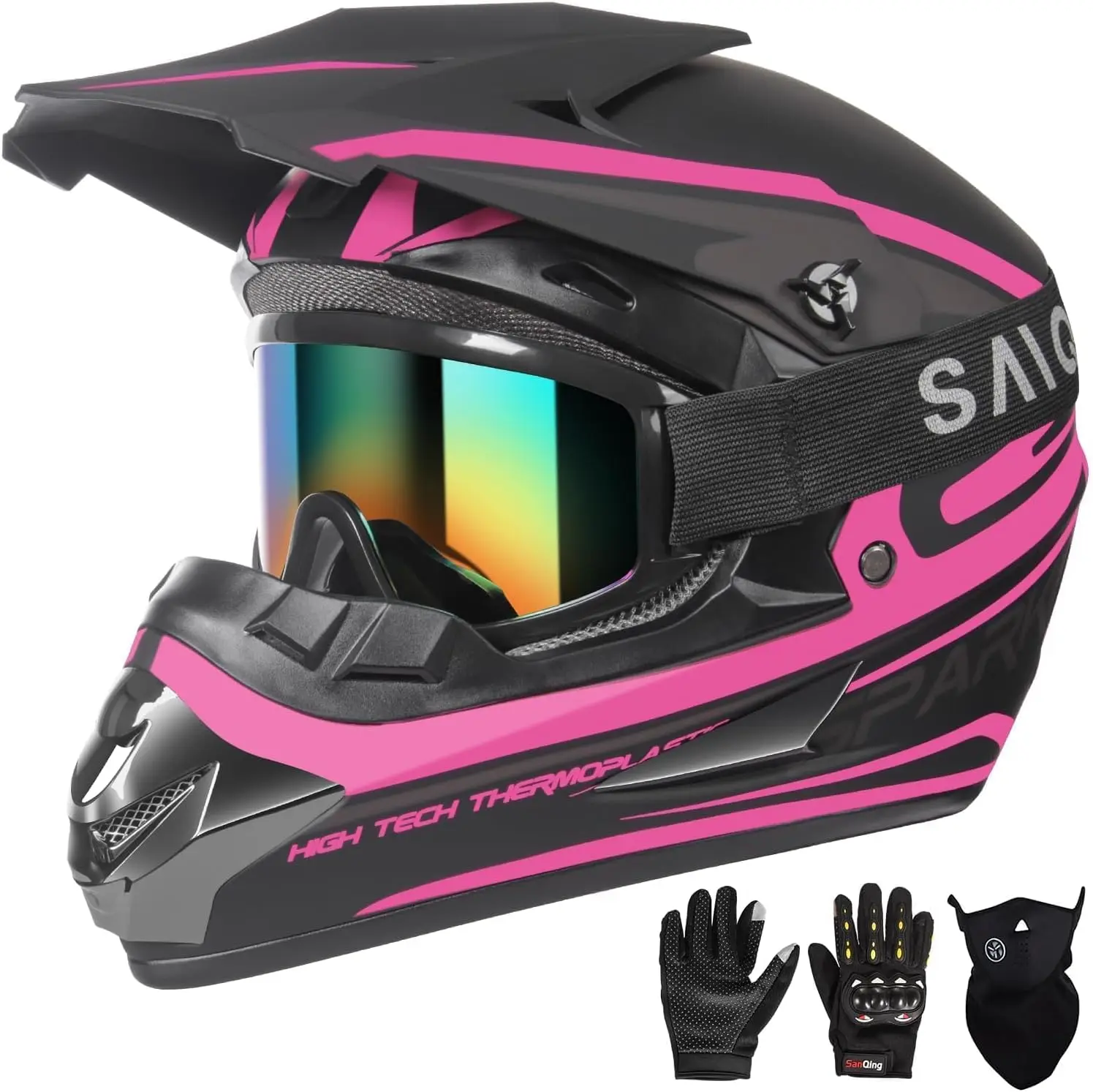 

Youth & Adult Motocross Helmet Full Face with Goggles Gloves Mask DOT Approved Pink Size M