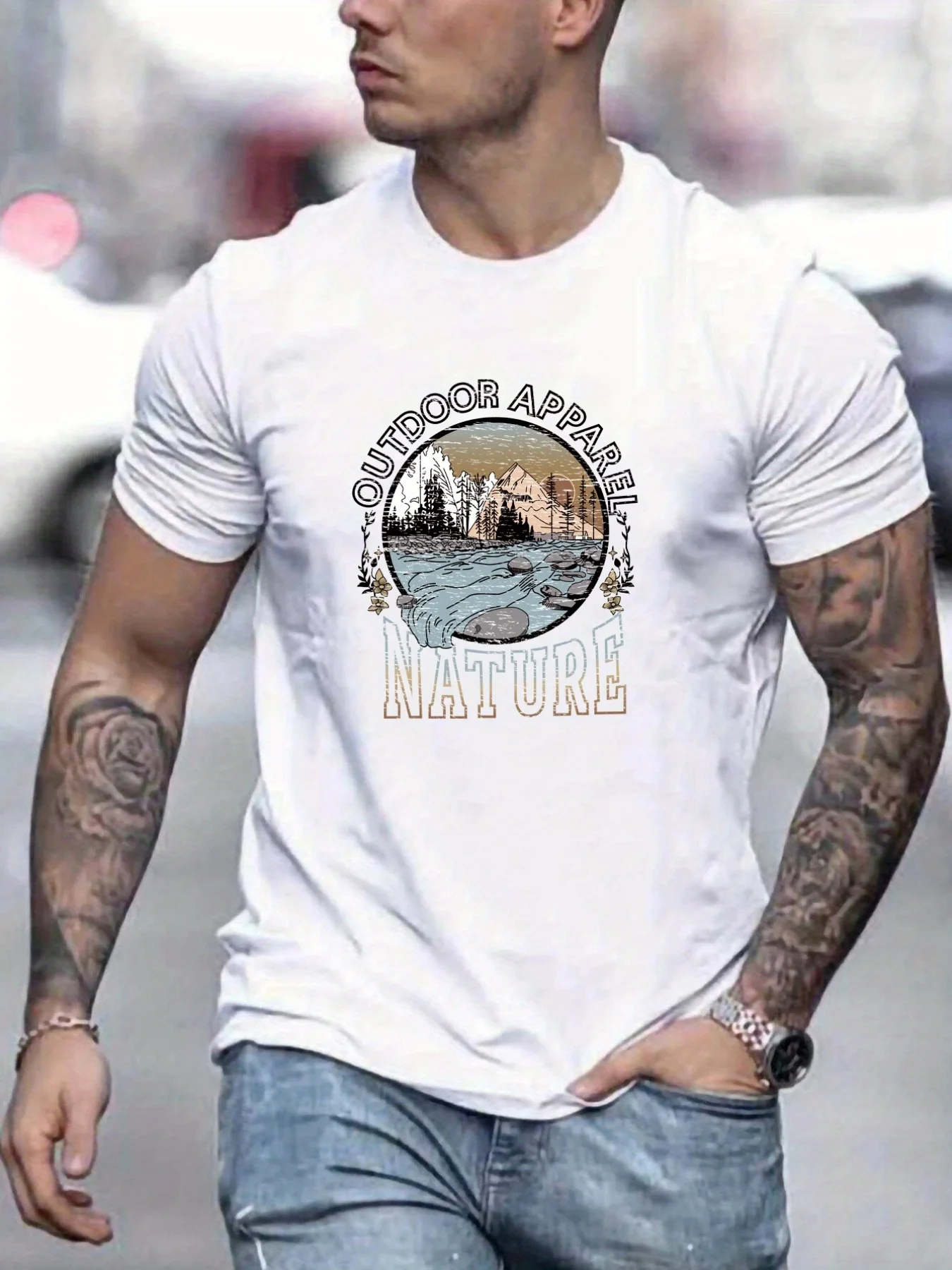 

Men's Outdoor Adventure Graphic Tee - Casual Black Polyester Blend T-Shirt with Nature Print, Short Sleeves - Machine Washable