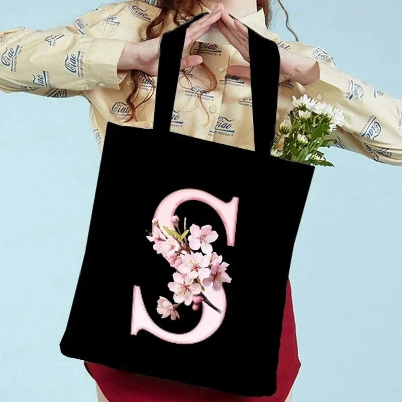 أسود ساكورا الأبجدية قماش حمل حقيبة خمر حقيبة كتف جمالية للنساء الطلاب سعة كبيرة كتاب حقيبة يد صديقة للبيئة