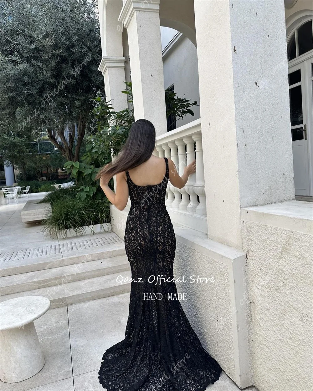 Qanz Lace Evening Dresses Spaghetti Straps Vestidos Para Eventos Especiales Mermaid Backless Sexy Dresses for Women Customized