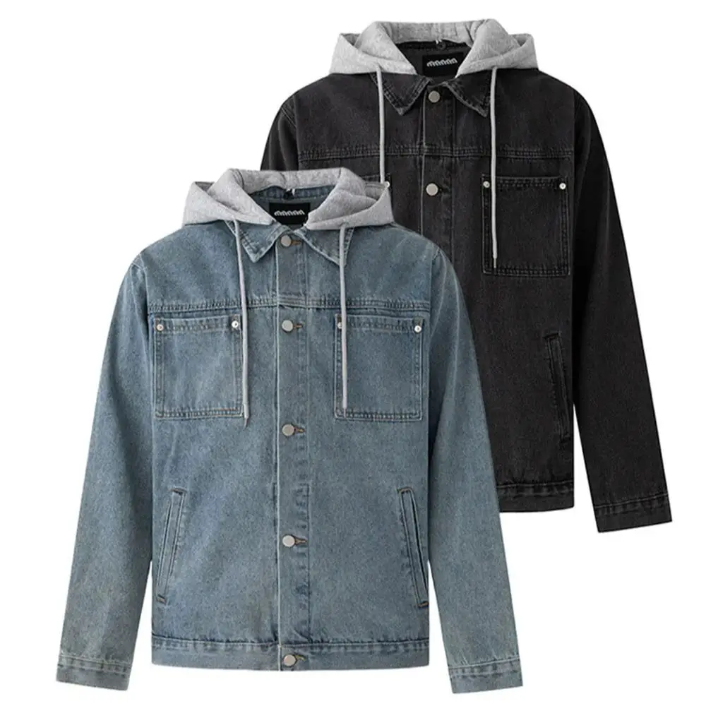 

Поддельная джинсовая куртка с капюшоном из 2 предметов, мужская универсальная осенняя свободная повседневная толстовка с капюшоном в корейском стиле в стиле ретро, верхняя одежда, топы