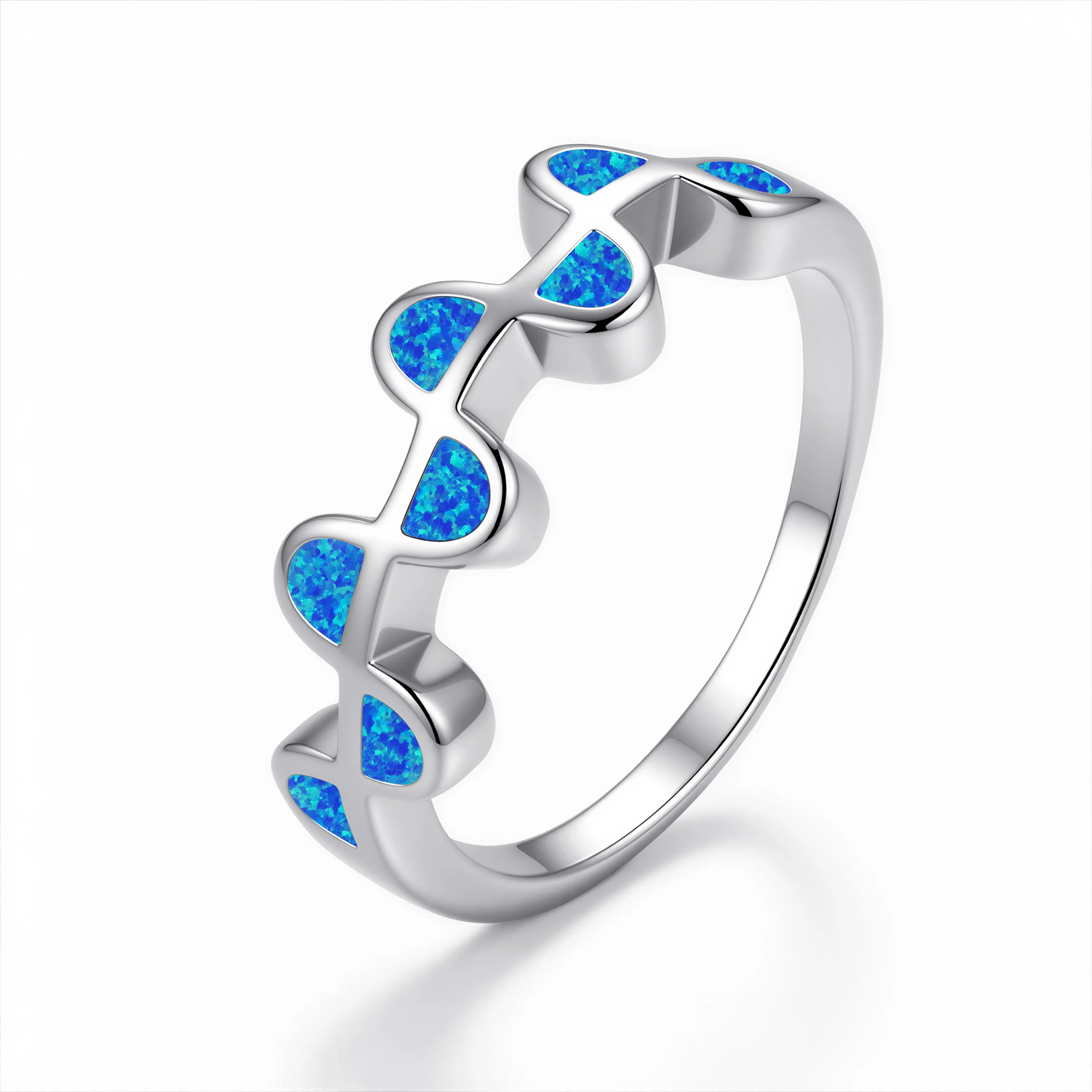 Minimalist Blue Thin Band Half-Round Opal Ring Continuous Stylish Design Stackable Women Jewelry for Daily Casual Dating Gift