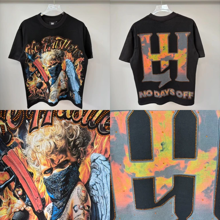 2026 New LIFE HUSTLERS Short Sleeve American Flame Angel Printed T-shirt Summer Men's High End Loose LIFE HUSTLERS Top