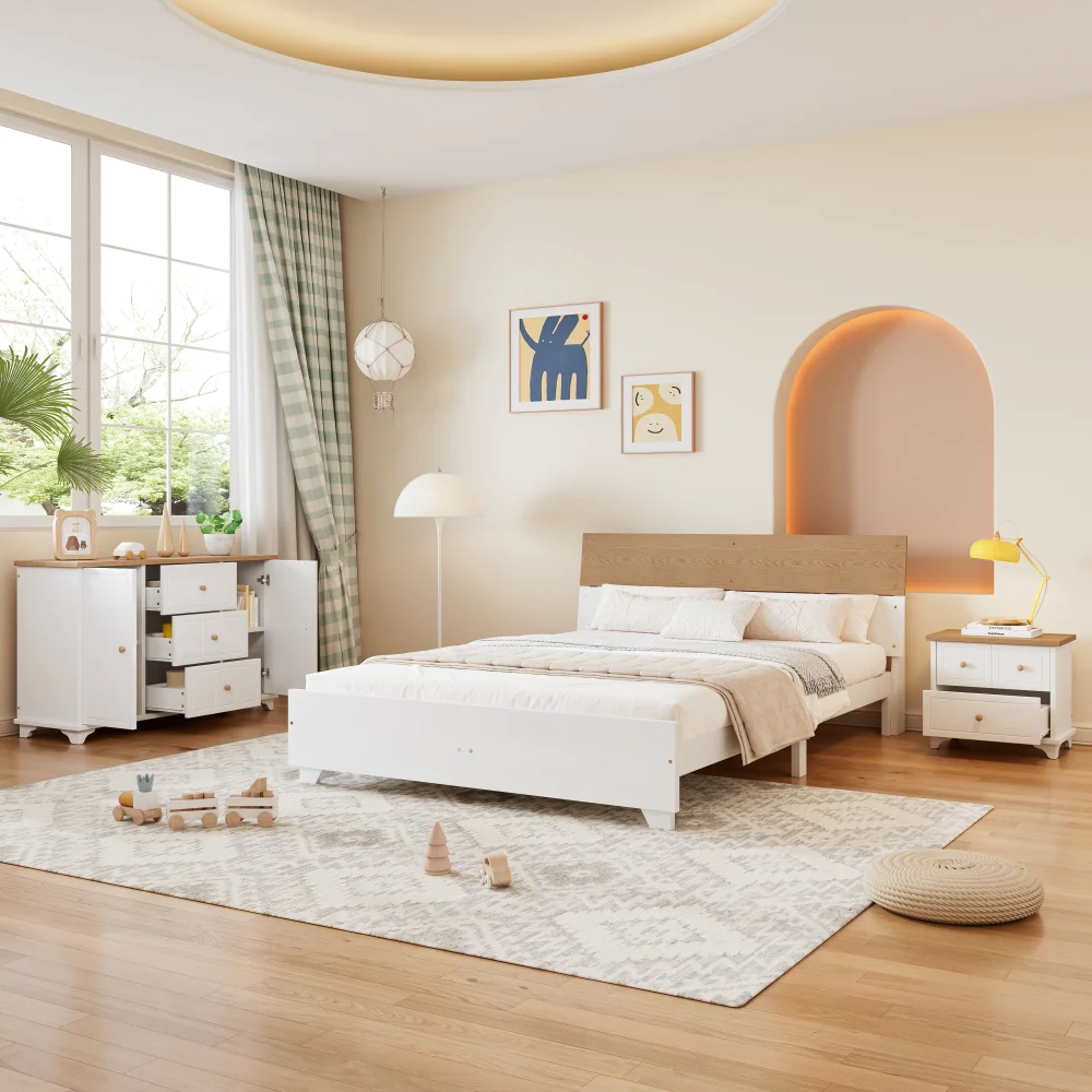 Complete bedroom set, Modern 160x200cm Double bed with metatarsus, bedside table and dresser, White + Nature