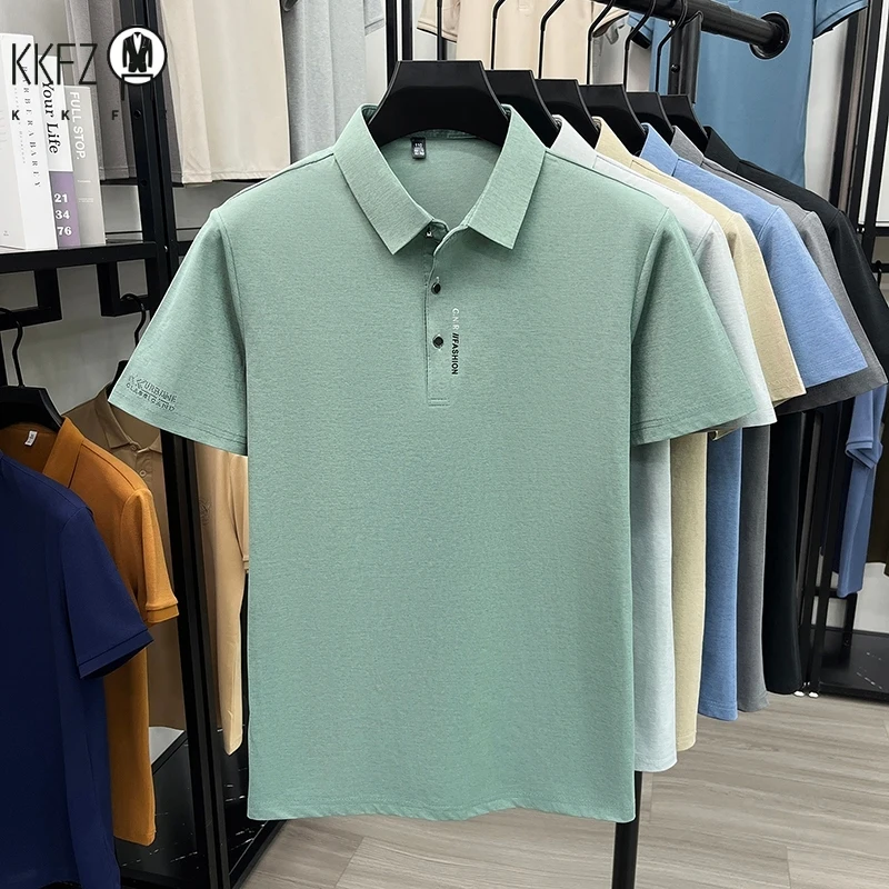 Mens thin mixed yarn knit short sleeve polo top lapel three button placket cuff letter graphic slim elastic business garment