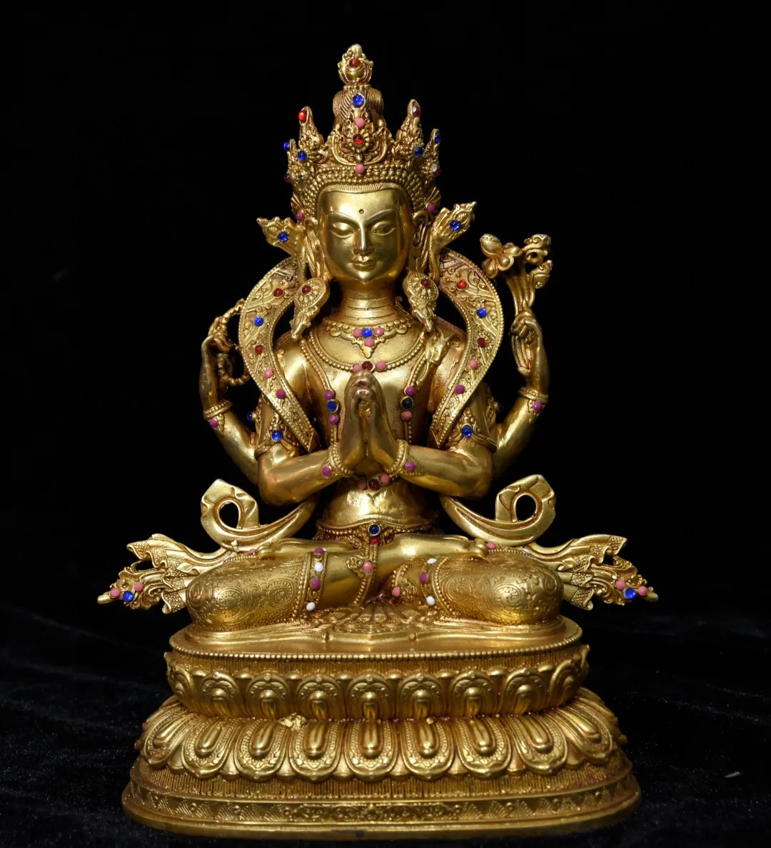 Brass Gilded Four-Armed Guanyin Tara Bodhisattva Statue Buddhist Offering Buddha Figure Retro Desktop Home Decoration Ornament