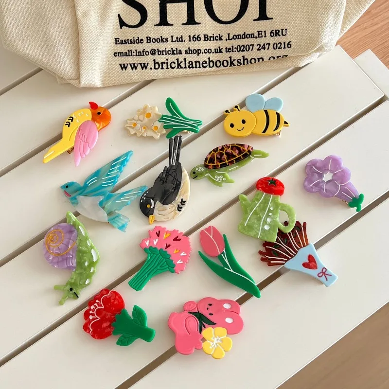 

Заколки для волос с мультяшными животными, фруктами и тюльпанами из ацетата, милые нескользящие заколки-птички для женщин и девочек, для повседневной укладки волос