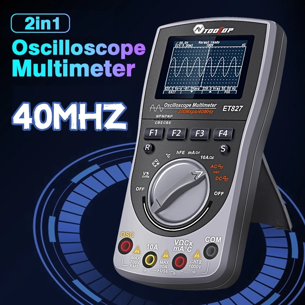 TOOLTOP ET827 200Ms/S 40MHz Portable Digital Oscilloscope 6000 Count Multimeter Analog Bandwidth Multipurpose Maintenance Test