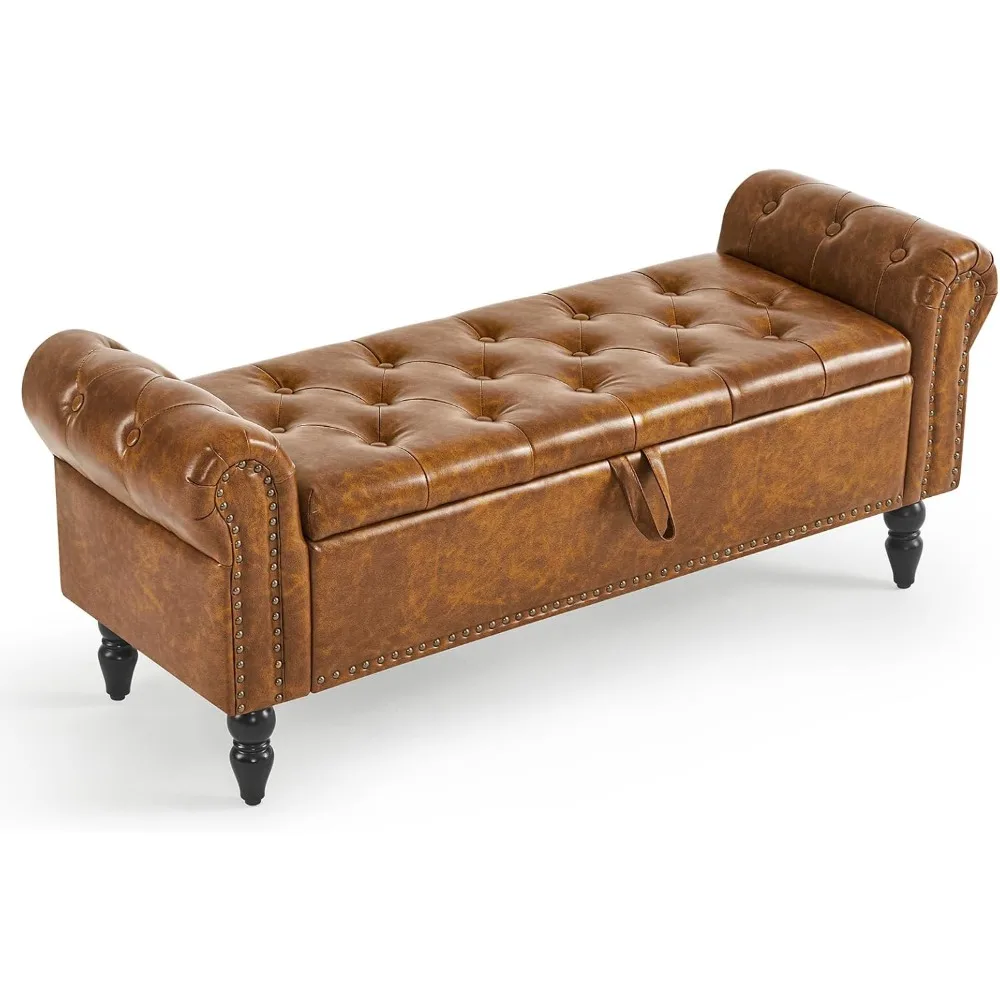 Storage Ottoman Bench - Leather Upholstered Ottoman with Solid Wood Legs, Indoor Bench for Living Room, Entryway