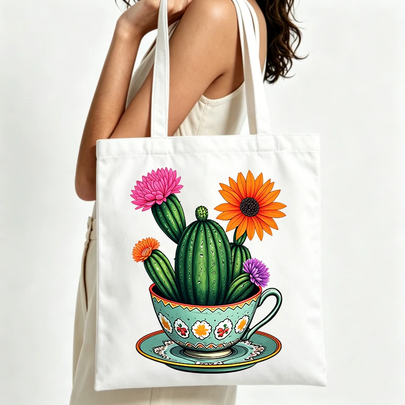 cactus and flower print canvas tote bag with artistic design, perfect for casual summer outings and daily shopping