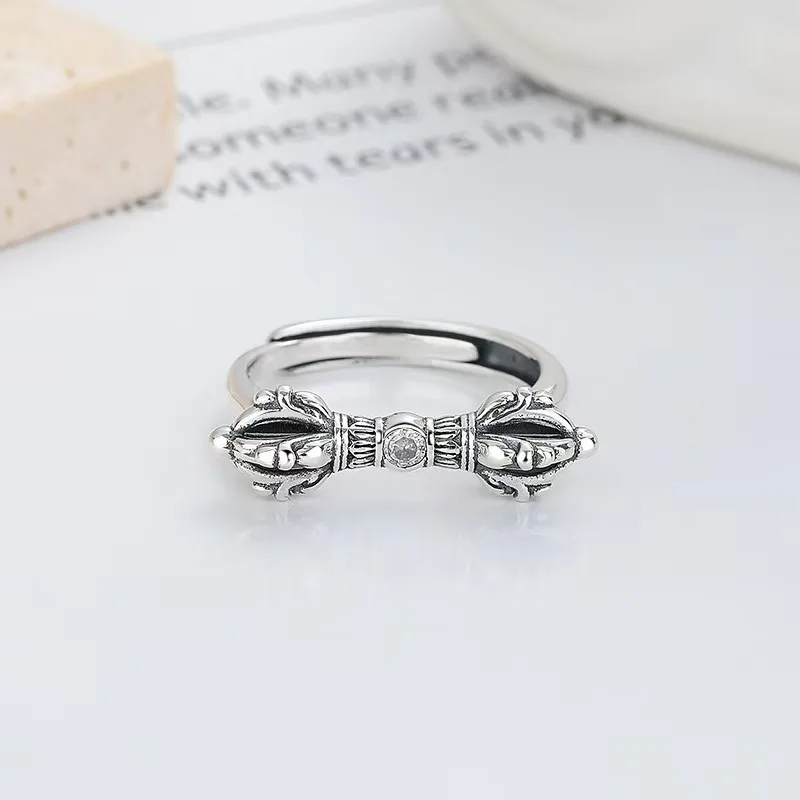 

High end personalized diamond pestle for men and women, Tibetan Buddhist design, antique Thai silver vintage opening ring