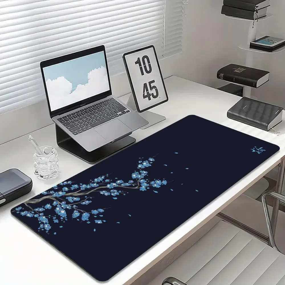 Black Base Plum Blossom Branch Large Gaming Mouse Pad Non Slip Rubber Stitched Edge HD Print Mat for Gamer Laptop Workstation