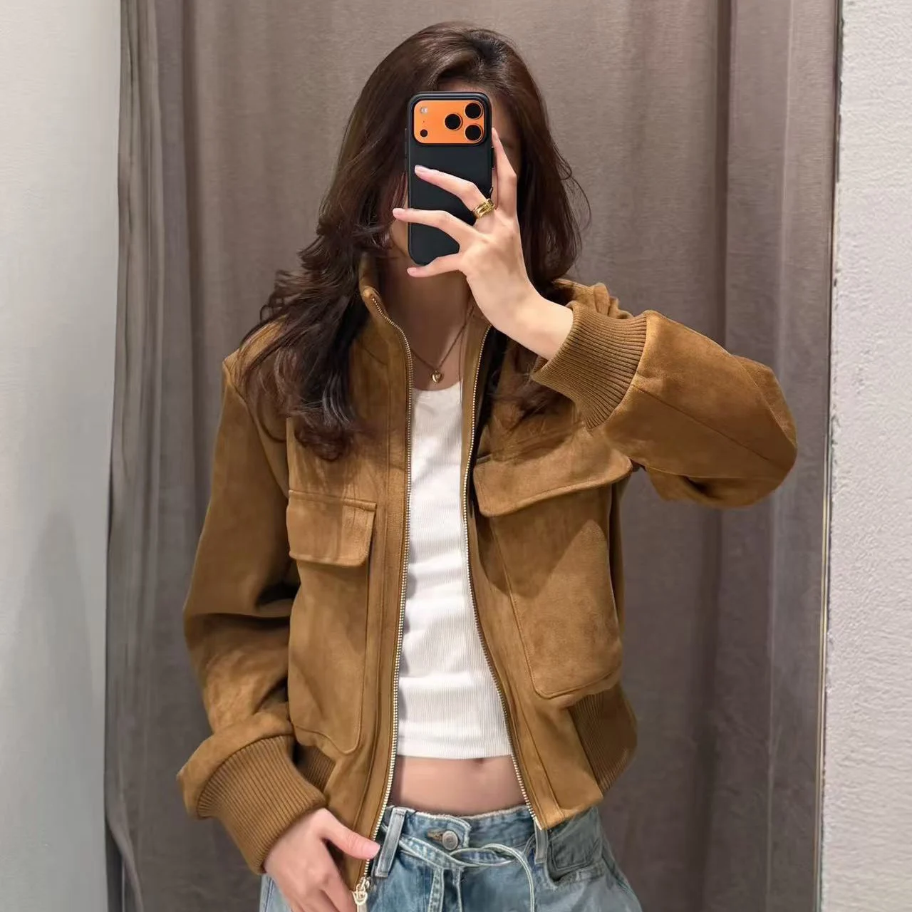 Retro Style Women's Short Jacket Deer Skin Fleece Lined Stand Collar Pilot Coat Autumn New Arrival Fashion Ladies' Outerwear