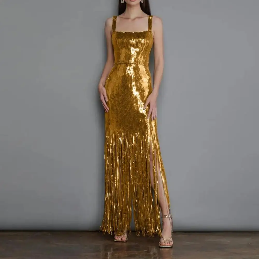 Gold Sequins Sexy Sleeveless Suspender Evening Slim Long Dress Slim Tassels Backpacks Split Robe Party New 2024 Women Fashion