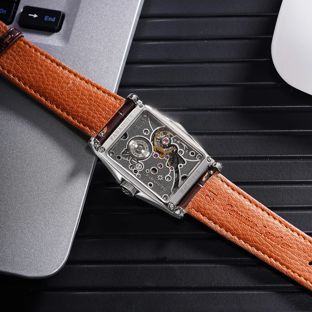 FARASUTE Fashion Sapphire Square Manual Mechanical Movement Wristwatch For Men Stainless Steel Waterproof Watch Reloj Hombre