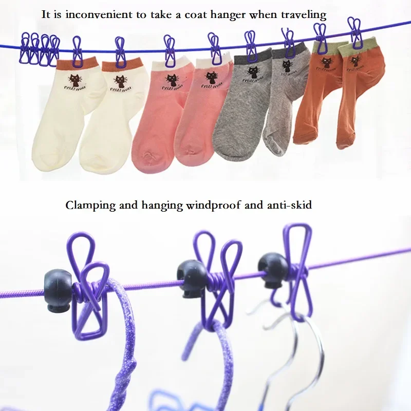 Line Hanging Laundry Drying RopeOutdoor Camping Non-slip stretch clothesline With Travel Stretchy Clothesline Sock12 wind clips