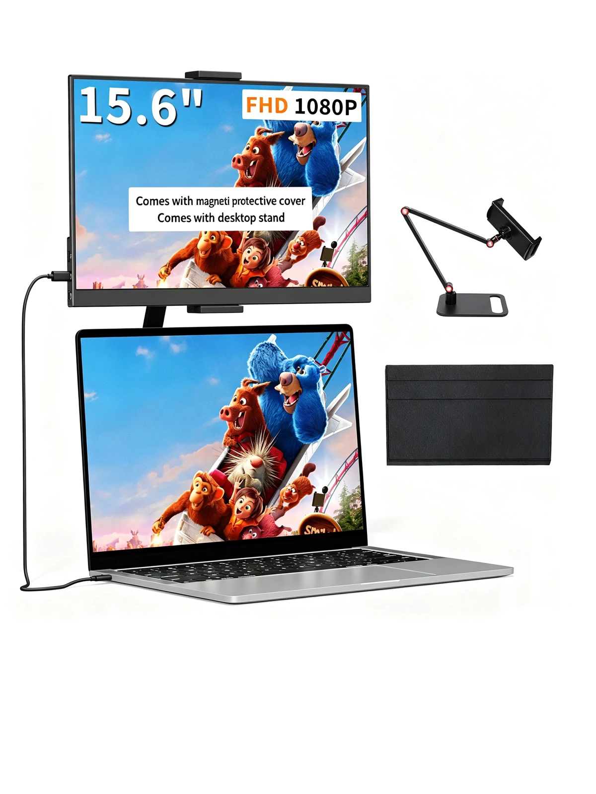 Amoudo – przenośny monitor o przekątnej 15,6 cala, rozdzielczości 1920x1080P, częstotliwości odświeżania 60 Hz, z podstawką, portami USB typu C i Mini HDMI, do użytku na biurku. Drugi ekran do konsol — 2