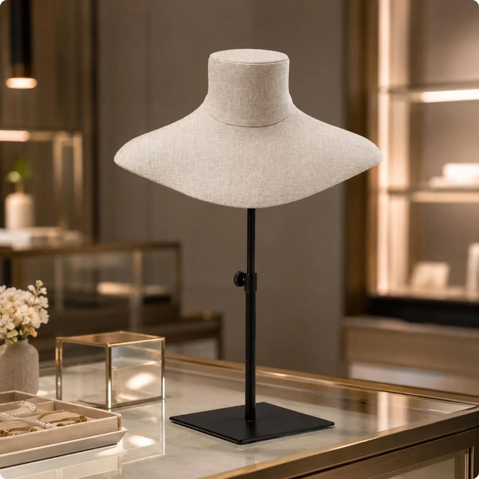 Tabletop Bust Necklace Display Stand with Metal Base for Jewelry Photography and Store Displays