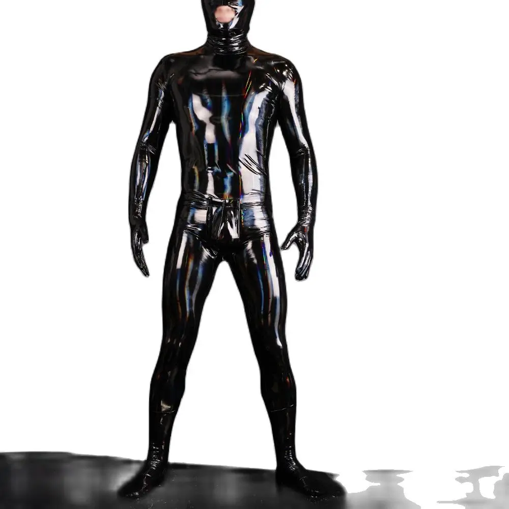 

Men Tights Iridescent Color Mirror Faux Leather Full Body Jumpsuit Cosplay Front Crotch Velcro Zipper Open Back Crotch Bodysuit