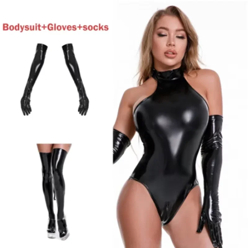 Body Bondage de piel sintética para mujer, lencería Sexy de peluche, mono erótico con guantes y calcetines, disfraces sexuales para amante, S-XXXL