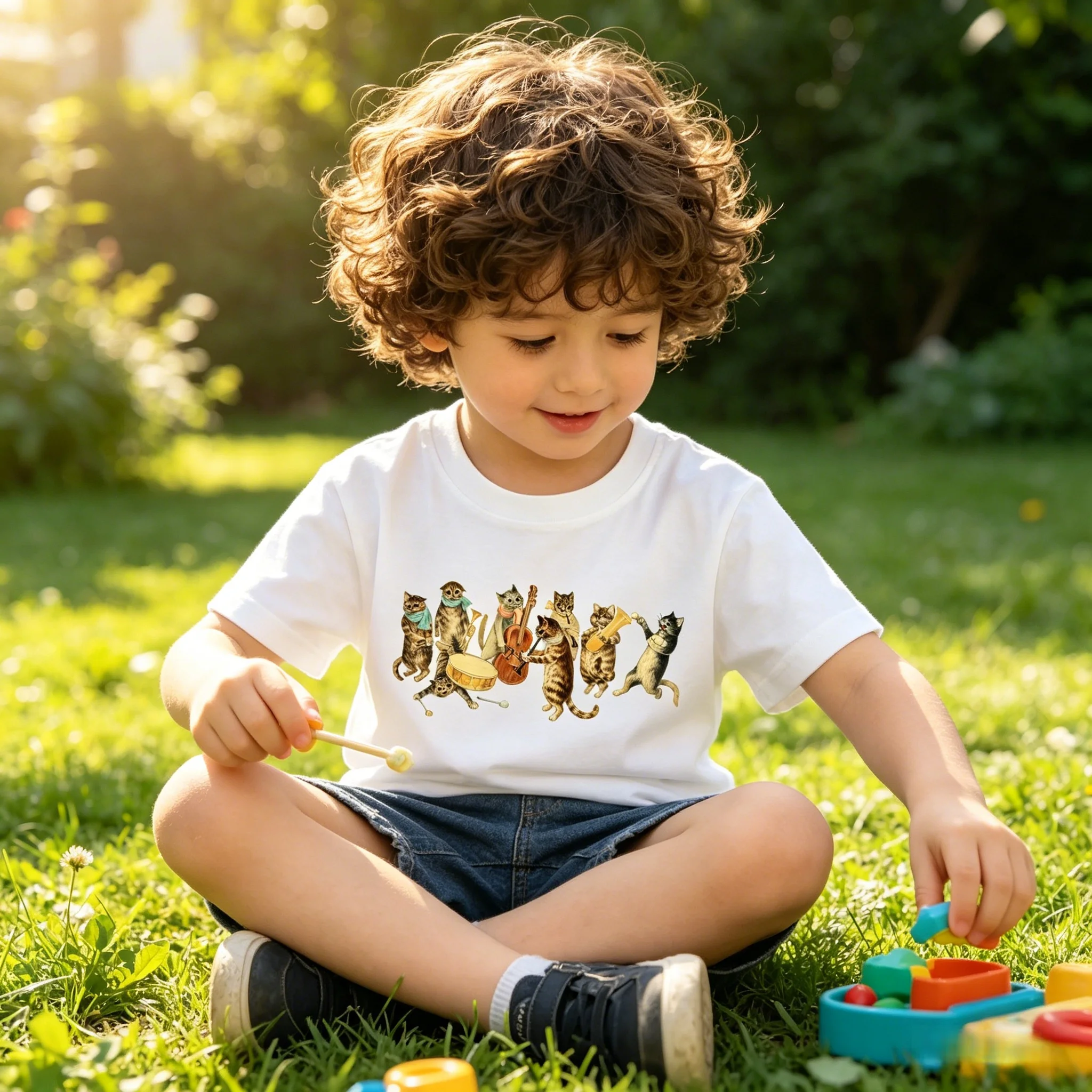 Cat Band Fashion Print Cotton Round Neck Short Sleeve T-Shirt Soft Skin Friendly Machine Washable Perfect Gift