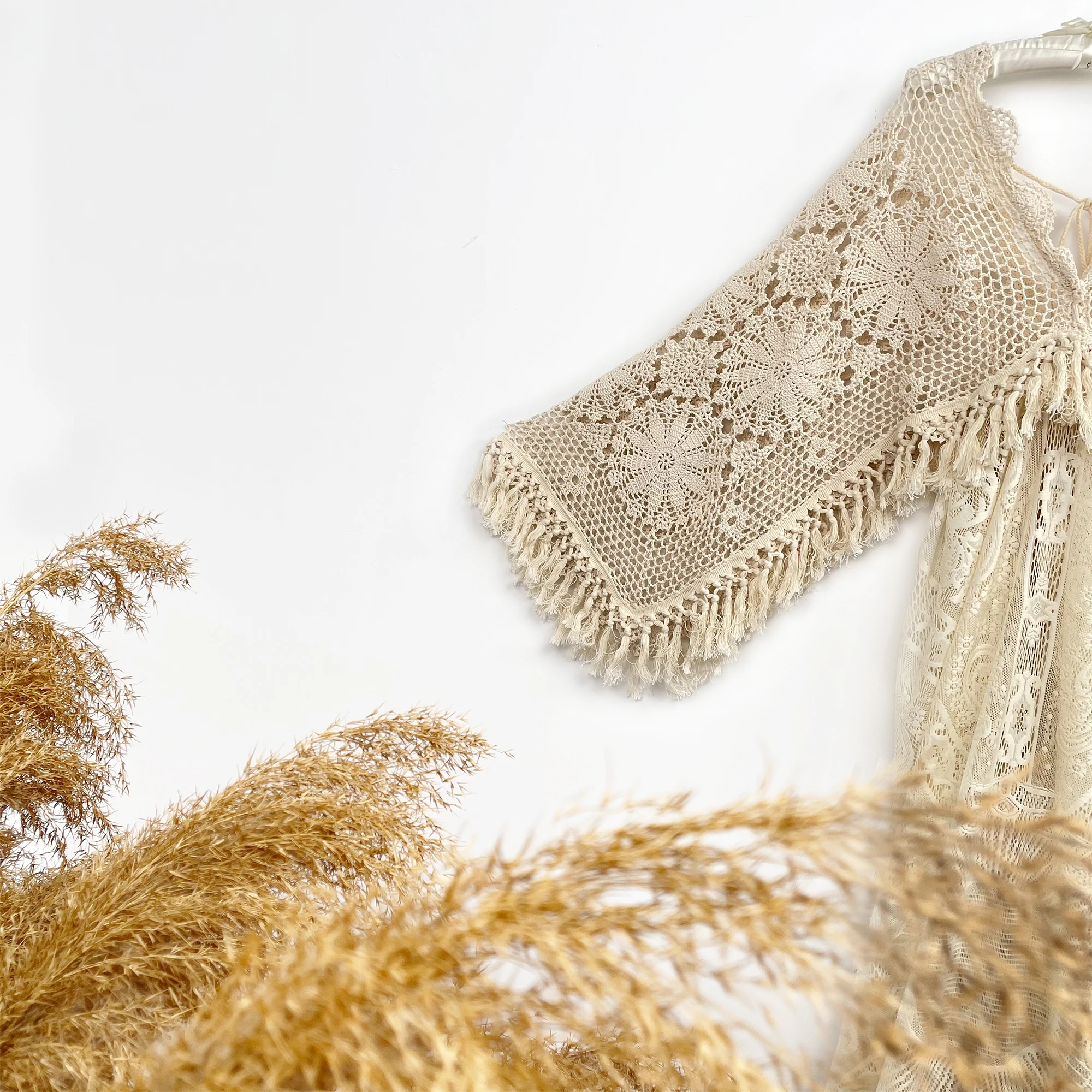 Don&Judy V-Neck Bell Sleeve Crochet Lace Cape Overlay Tassel Trim Boho Maternity or Non-maternity Flowy Dress for Photoshoot