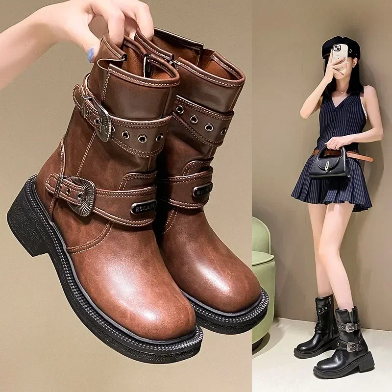 Woman Boots Knee High Platfrom Studded Spring Summer Knight Combat Gothic Elegant Medium Heel Women's Shoes Motorcycle Footwear