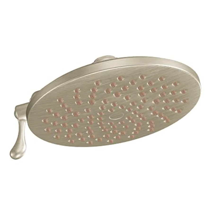 

Shower head for bathroom use, brushed nickel finish, two-function rainshower with immersion technology, 8-inch diameter, high-p