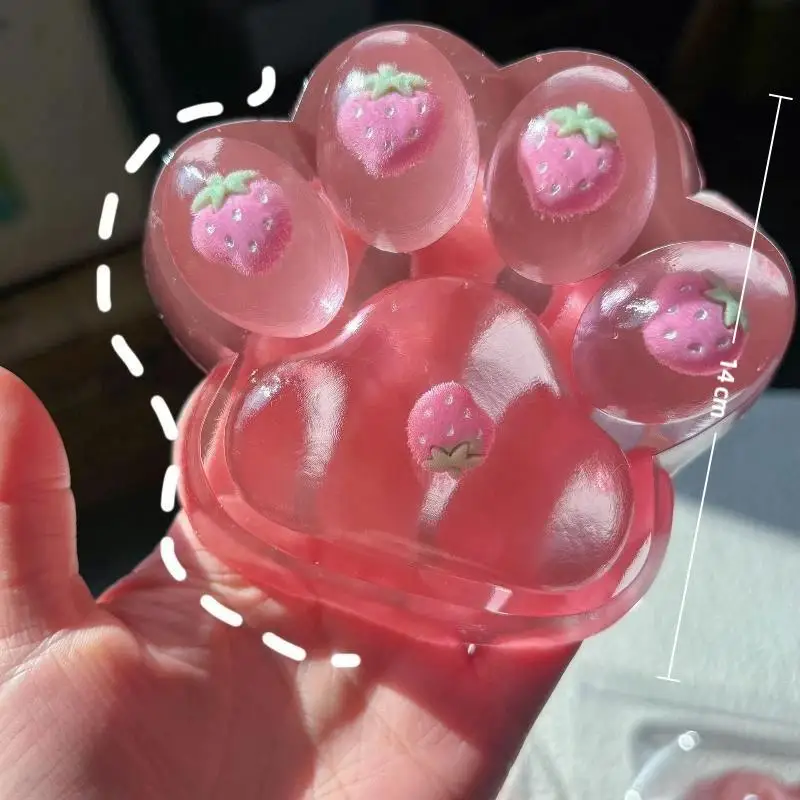 Jouet anti-stress à presser en maltose doux, en forme de patte de fraise rose à paillettes, à remontée lente, pour soulager l'anxiété des adultes.