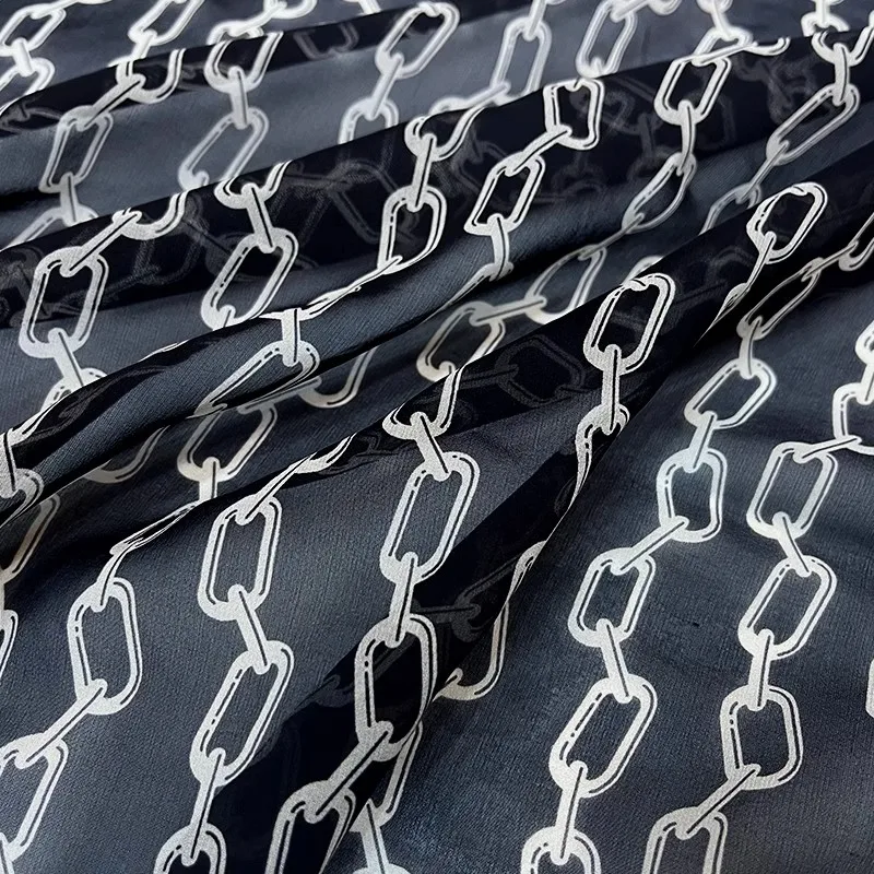 Europe And America Black And White Chain Printed Natural Georgette Fabric For Women Dress Blouse Handmade DIY Cloth Sewing