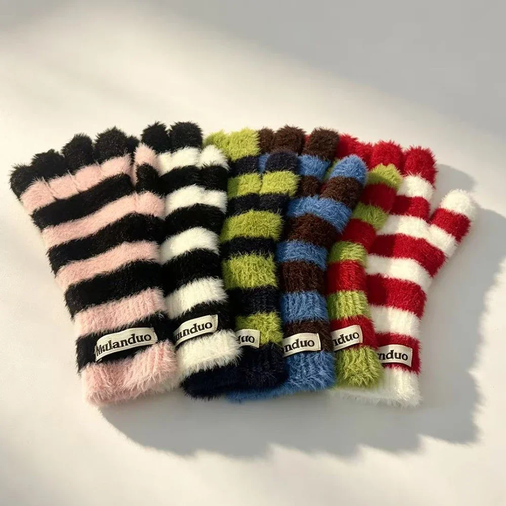 Striped Knitted Korean Style Plush Touchscreen Gloves Warm Soft Fingerless Mittens for Men and Women Outdoor Ski Riding Gloves