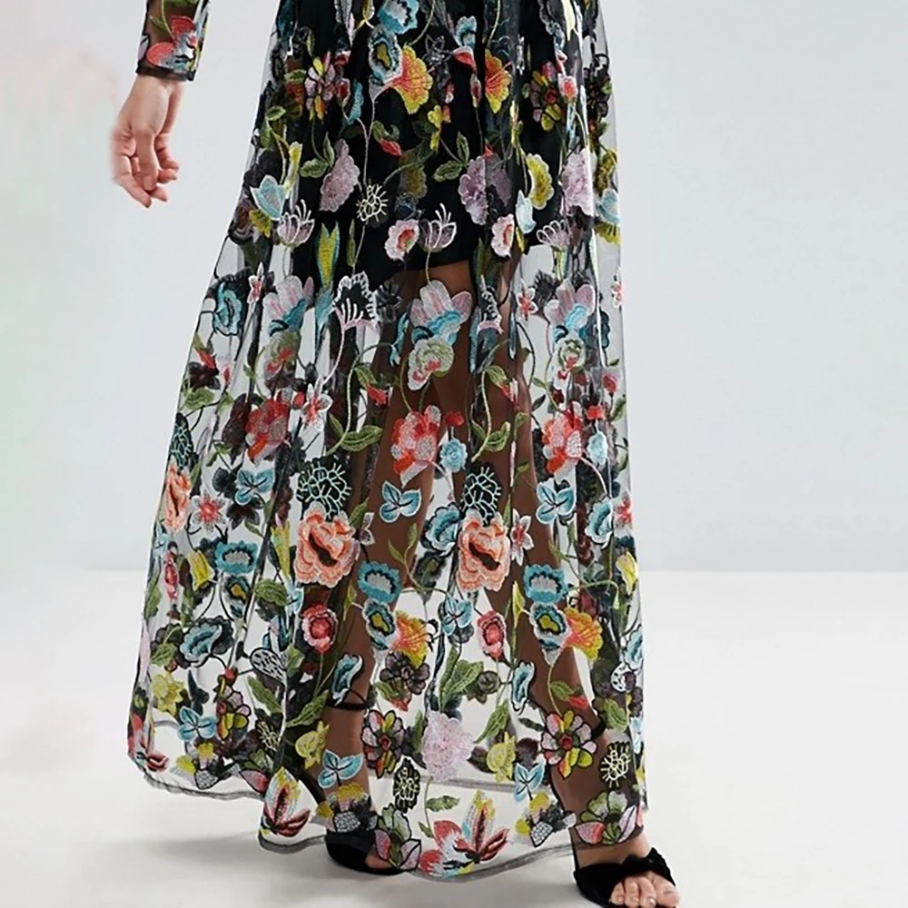 Zweiteiliges, besticktes, durchsichtiges Kleid, knöchellang, A-Linie, Schlüsselloch-Abendball-Kleider, lange Ärmel, bunte Spitzenrobe, individuell gestaltet