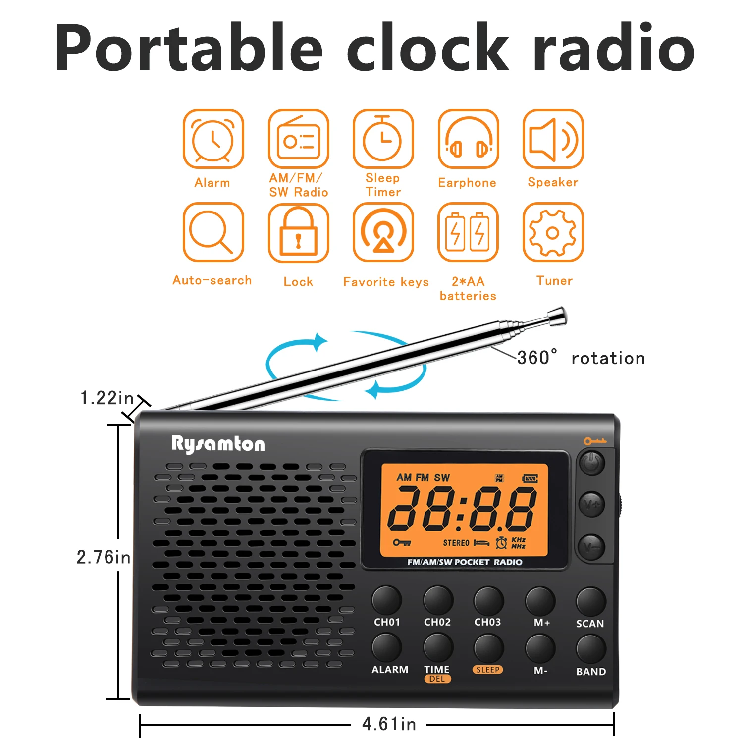 Rysamton 휴대용 AM/FM 단파 라디오, 대형 디지털 디스플레이, 수면 타이머 및 알람 시계 기능, 배터리 작동 라디오