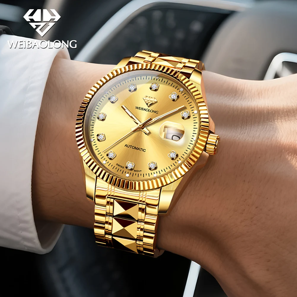WEIBAOLONG 3802 Mens Watch Luxruy Swiss Movement Automatic Mechanical Watch Tungsten Steel Watches For Man Real Gold Gift Reloj