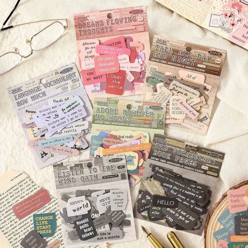 

50Pcs Distant Travel Words Retro English Text Stickers Aesthetic Phrase Label Decals for DIY Journal Scrapbook Collage