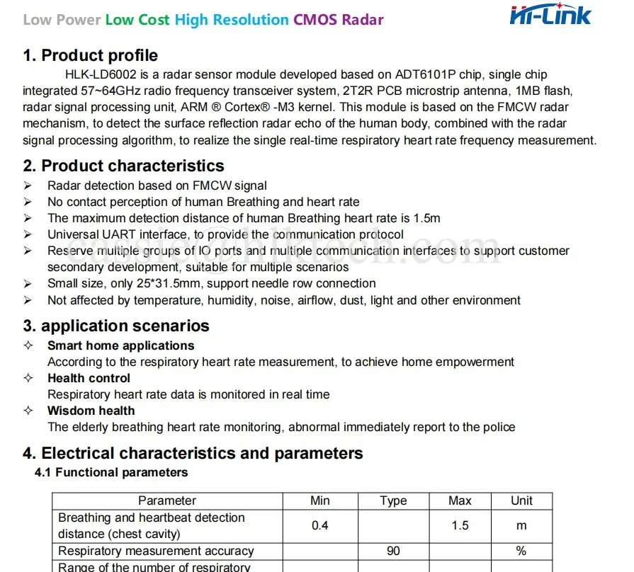 HLK-LD6002 New 60GHz HLK-LD6002 FMCW Radar Module Human Respiratory Alarm Heart Rate Detection 600mA 3.3V 1.5m 2T2R PCB 1MB Flas