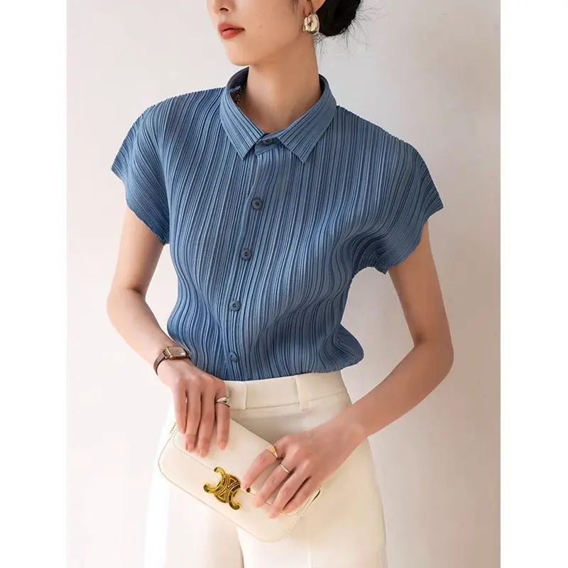 Miyake Pleated Top Women's Casual Commuter White Polo Collar Short Sleeve Shirt 2023 Summer New Women's Clothing